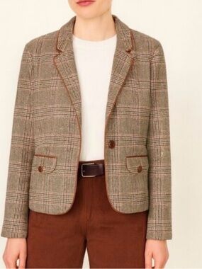 Lands' End Oxford Plaid Blazer with Brown Trim and Woven Leather Buttons Size 8